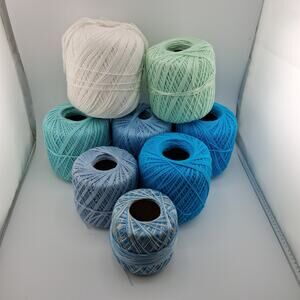 Lot of 8 Mercerized Cotton Crochet Thread Mixed Lot Blue Green Thin Yarn Lot